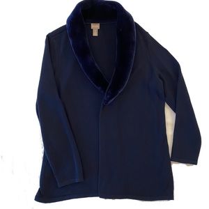 Chico’s Navy Blue Open Cardigan Sweater with Faux Fur Collar size 2  (large)